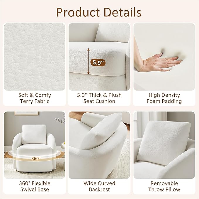 Swivel Barrel Chair Cloud 360° Upholstered Armchair with Removable Throw Pillow for Living Room Bedroom Modern Comfy Single Sofa Chairs Fully Assembled Set of 2 White