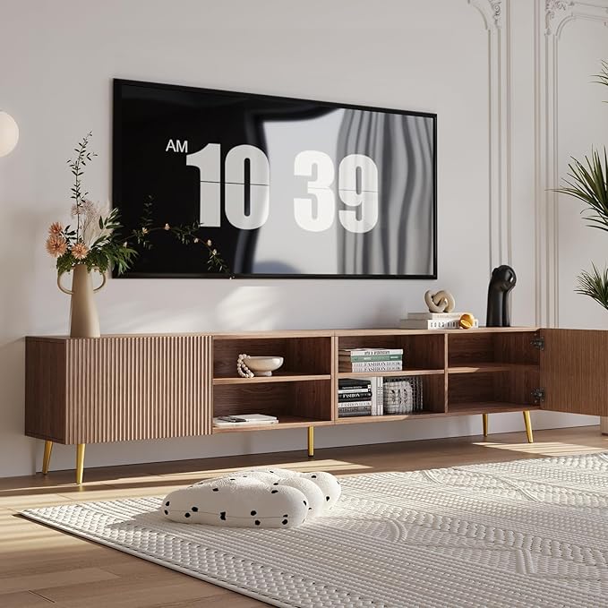 Modern 86in TV Stand for Living Room Fluted Design Entertainment Center with Adjustable ShelvesMedia TV Console Table with Storage for BedroomWalnut