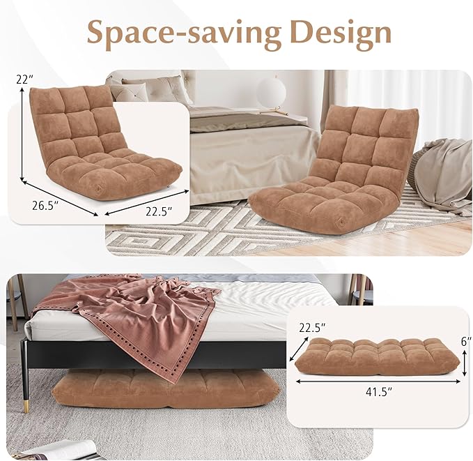 14-Position Floor Sofa Folding Gaming Sofa Chair Comfy Cushions &amp Study Steel Frame Angle Adjustable Sleeper Bed Couch Recliner (Tan)