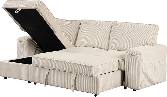 Modern Upholstered L-Shaped Convertible Corner Sofa Couch Pull-Out Sofa Bed Sleeper Sectional Sofa with Storage Bags and 2 Cup Holders on Arms for Living Room Office Apartment (Beige-2C)