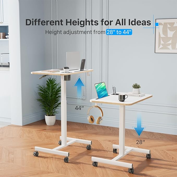 Mobile Standing Desk Rolling Laptop Table Adjustable Height with Cup Holder 28 inch Portable Cart Workstation with 4 Lockable Wheels White with Hook and Slots for Home Office