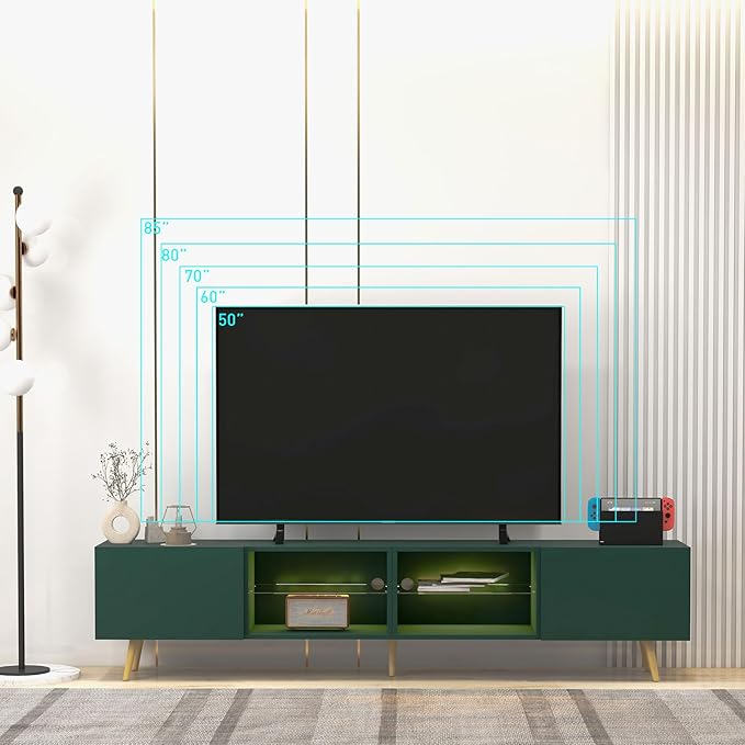 Bonzy Home 86 LED TV Stand Modern Entertainment Center up to 90 TV Television Console Table with Storage Cabinets for Living Room Dark Green