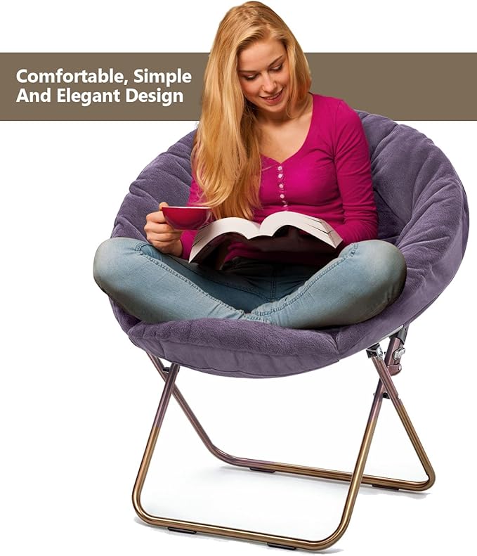 Cozy Saucer Chair Living Room Chair Faux Fur Soft Thick Padded Seat Metal Frame Folding Chair Comfortable Moon Chair for Living Room Bedroom Reading Nook Modern Style 2 Pack Purple