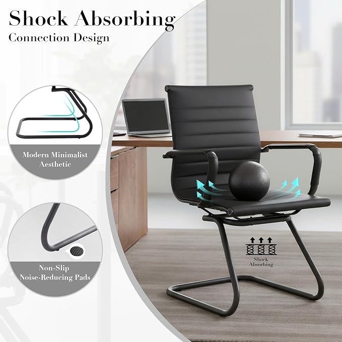 CIMOTA Waiting Room Chairs Leather Office Guest Chair Mid Back Reception Chairs with Sled Base for Meeting/Patient/Conference Room Retro Black Set of 6