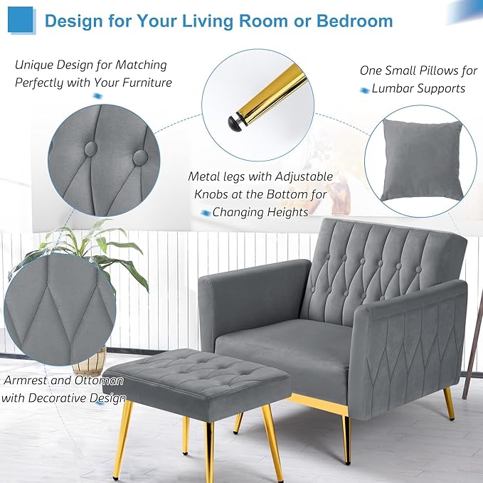 Velvet Accent Chair with Adjustable Armrests and Backrest Button Tufted Lounge Chair Single Recliner Armchair with Ottoman and Pillow for Living Room Bedroom Grey