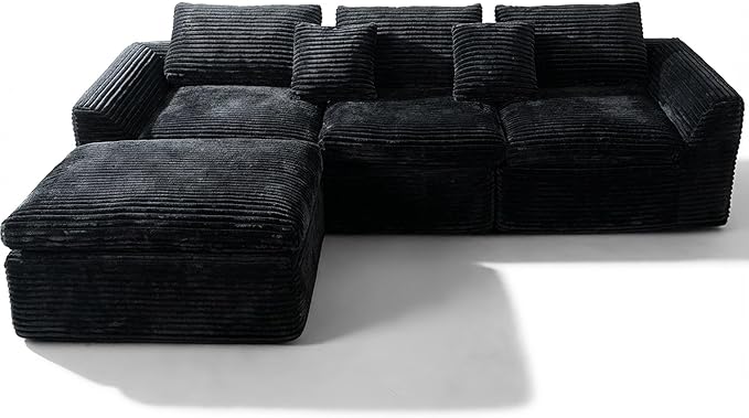 L-Shaped Corner Corduroy Sectional Sofa 4 Seat Modular Boneless Sofa Foam Cloud Couch with Movable Ottoman and Toss PillowsModern Deep Seat Convertible Chaise Sofa