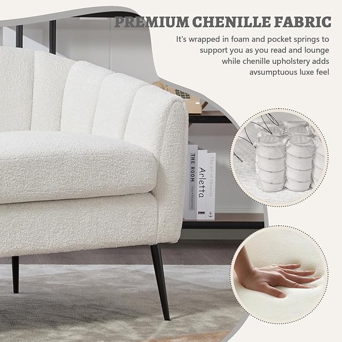 59 Small Loveseat Sofa 2-Seater Modern Chenille Couch with Gold Metal Legs &amp Floral Backrest Compact Apartment Sofa for Living Room Bedroom Office Dorm (Chenille Ivory(50.2''))