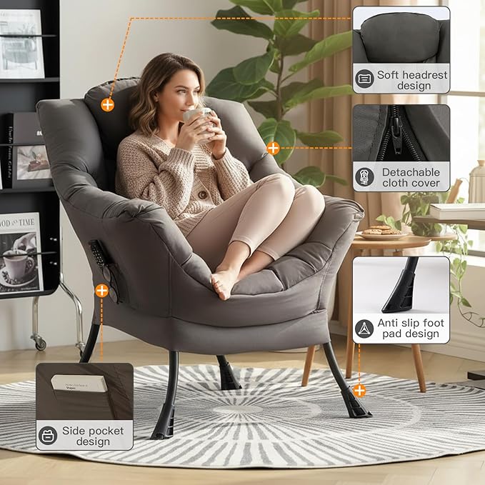 Lazy Chair for Living Room Large Dark Grey Accent Chair with a Throw Pillow Leisure Sofa Chair Set Comfy Reading Chair for Bedroom Dorm Room Office