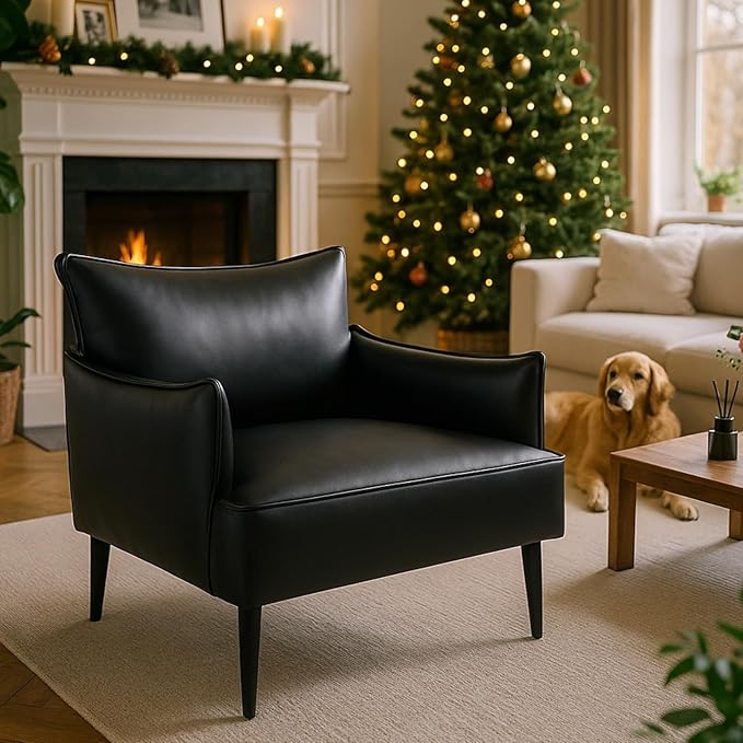 Black Accent Chair with Arms Modern PU Leather Living Room Chair with Metal Legs Upholstered Reading Chair Comfy Side Armchair for Reception Bedroom Small Spaces