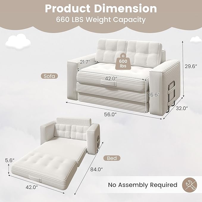 Convertible Sofa Bed 2 in 1 Boneless Couch Bed with 2 Pillows Corduroy Pull out Couch Folding Sofa Bed with Deep Seat Small Loveseat Sleeper Sofa Bed in a Box for Small Spaces No Assembly Needed