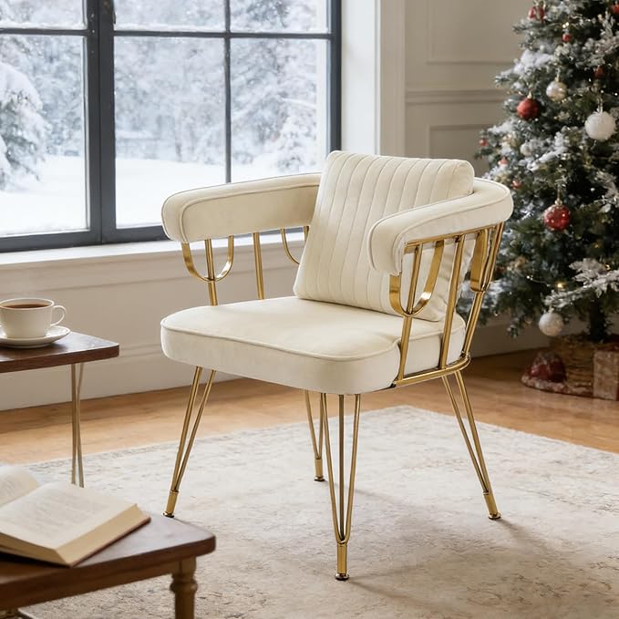 Set of 2 Vanity Chair with Back Velvet Upholstered Accent Makeup Chairs No Wheels with Golden Legs for Modern Glam Living Room Bedroom Home Office Nail Spa Girls &amp Women Beige
