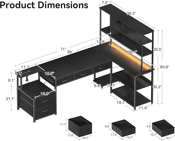 AODK 71 inch L Shaped Desk with 5 Drawers Reversible L Shaped Gaming Desk with LED Light &amp 2 Power Outlets Computer Desk with Storage Shelves for Home Office Black