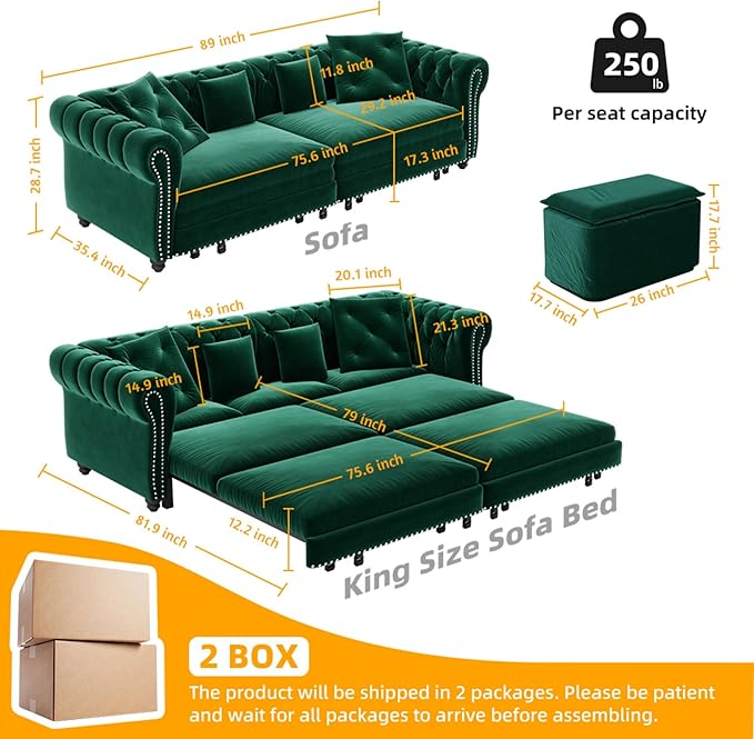 KEIKI King Size Convertible Chesterfield Sofa Bed 89 Velvet Couch with Ottoman Tufted Design 3-in-1 Sleeper Sofa for Living Room Bedroom or Office Green