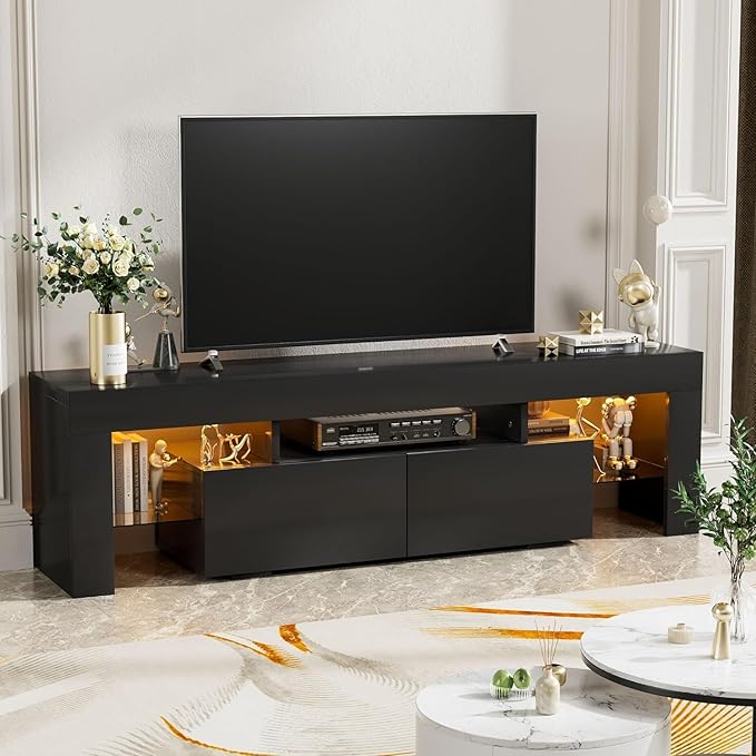 Black 63 Inch Floating TV Stand with Two Drawers &amp 16-Color LED Lights Large Modern Entertainment Center for TVs Up to 75 Inches Wooden Media Console with Open Shelf