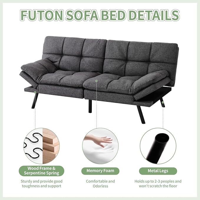 MUUEGM Convertible Futon Sofa Bed71 Memory Foam Futon CouchLinen Modern Loveseat Sleeper Couch with Adjustable Backrest &amp ArmrestDetachable Cushion for Living RoomOfficeApartmentGrey