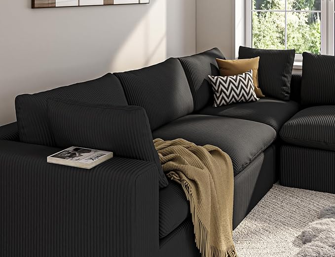 ARSURA 106” Cloud Couch for Living Room | L-Shaped Boneless Couch | Modular Sectional Couch | Corduroy Black