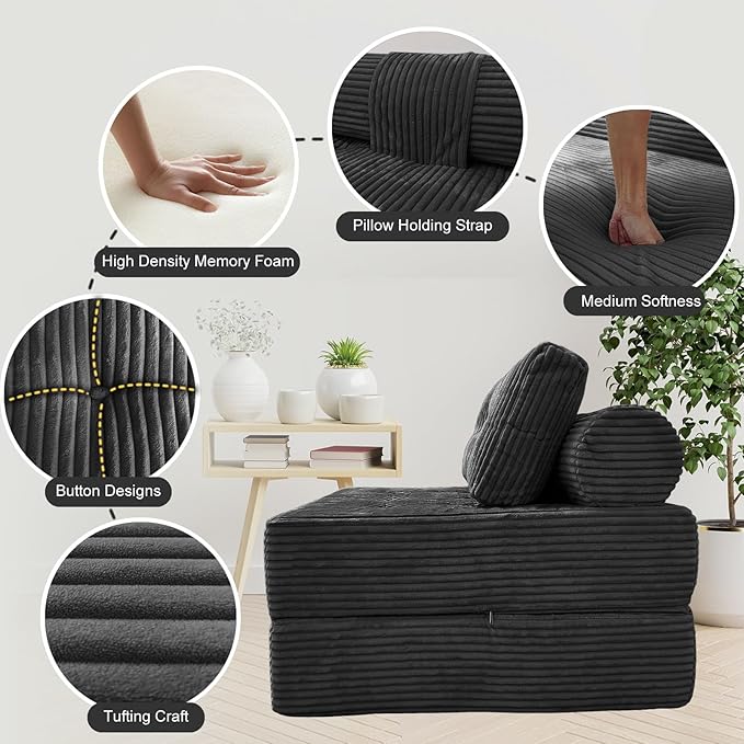 Folding Sofa Bed Convertible Couch Chair with Pillow Boneless Velvet Foldable Sleeper Sofa with Back Support Portable Fold Out Lounger for Living Room Apartment &amp Dorm Dark Grey Corduroy | Lu