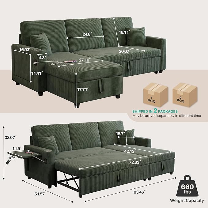 Sleeper Sectional Sofa 83 Convertible Sofa Bed with Pull Out Couches Small Desktop L Shaped Couch with Reversible Chaise Cup Holders USB Modern Corduroy Sofas for Living Room Apartment Green