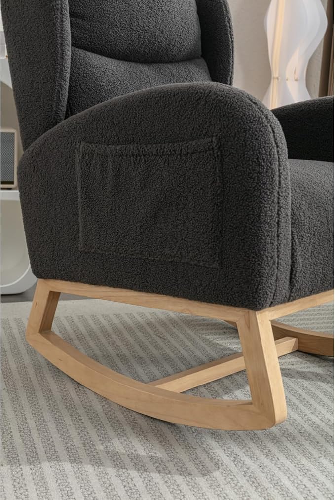 Teddy Rocking Chair Dark Gray Fabric Armchair with Wooden Legs for Living Room Bedroom