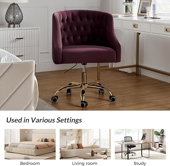 Velvet Home Office Chair with Gold Base Comfy Modern Cute Desk Chair Adjustable Swivel Task Chair for Study Living Room Bedroom Vanity Purple