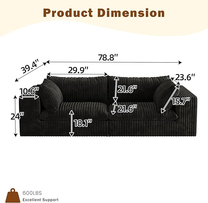 78.8 Modular Cloud Loveseat Couch Corduroy Boneless Couch with Foam &amp Removable Cushion Modern Lounge Sofa in a Box No Assembly Required Upholstered Sofa for Living Room (Black)