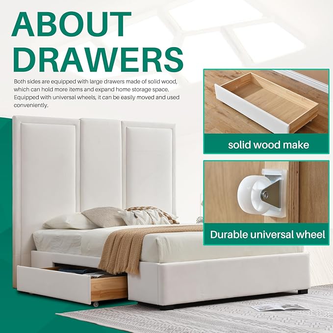 YUHUASHI Queen Size Bed Frame with 64-inch High Headboard Simple and Airy Linen Upholstered Platform Bed with Storage Drawers Wood Slat No Noise (White Queen (U.S. Standard))