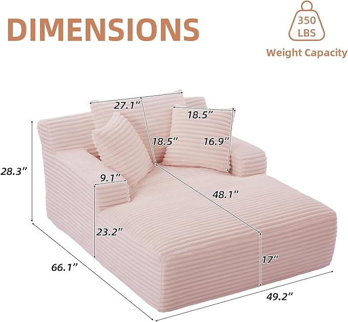Oversized Chaise Lounge Chair Indoor Bedroom Comfy Corduroy Upholstered Sofa Bed Chair Deep Seat Single Sofa Couch No Assembly Required Sleeper Chair Sofa for Living Room (Light Pink)