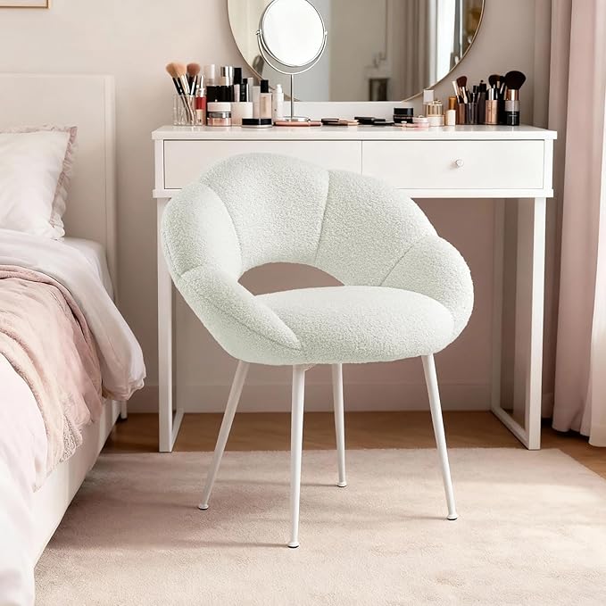Petal Makeup Vanity Chair with BackUpholstered Makeup Accent Reading Chair No WheelsModern Dining Chair for HomeOfficeBedroomTeddy Plush (White)