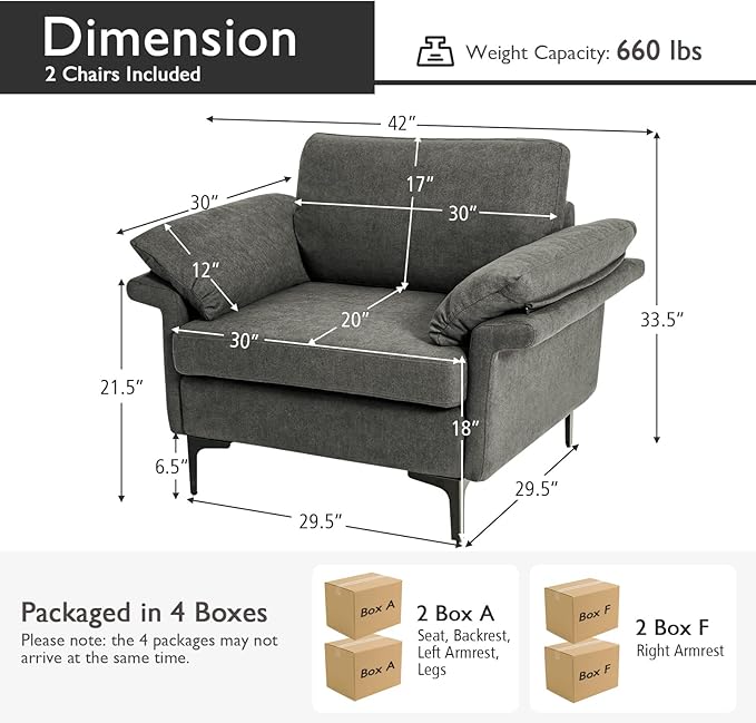 Giantex Set of 2 Single Sofa Accent Chair with 5 Inch Comfy Cushion Zippered Armrests Steel Legs Living Room Armchair Upholstered Leisure Chair for Bedroom Reception Room Grey