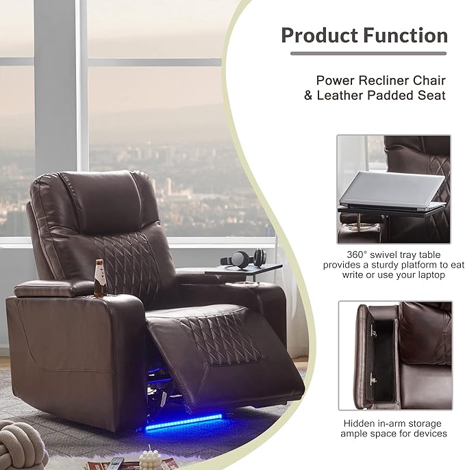 Recliners Chair with 360° Swivel Tray USB Charging Hidden Arm Storage &amp Cup Holders - Living Room Recliner Chairs Comfy Bedroom Recliners for Adults Lazy Boy Reclining ChairsBrown