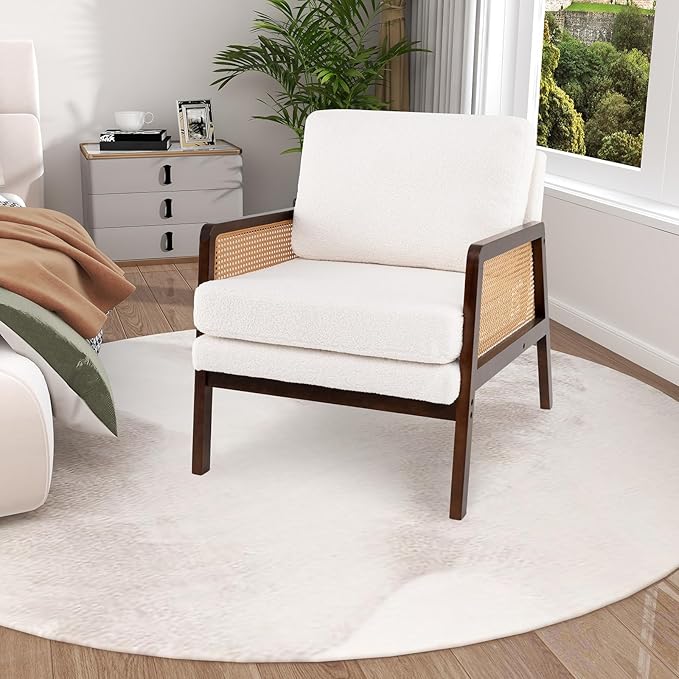 Giantex Mid Century Modern Accent Chair Set of 2 Boho Boucle Living Room Arm Chair w/Rattan Arms Wooden Frame Thick Cushion Pillow Sherpa Reading Side Chair for Bedroom Balcony Brown + Beige