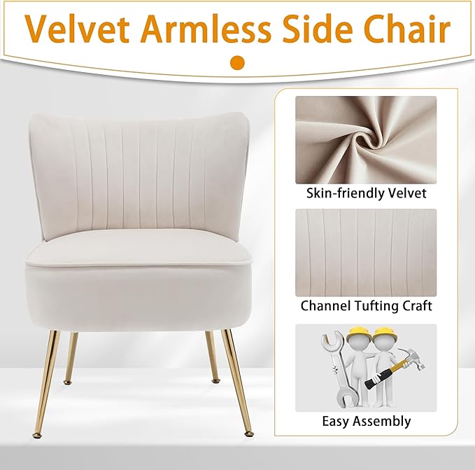 ABET Accent Chairs Set of 2 Velvet Armless Living Room Chairs with Tufted Wingback Thicken Cushion Gold Metal Legs Comfy Upholstered Side Chairs Slipper Chairs Club Chairs for Bedroom Beige