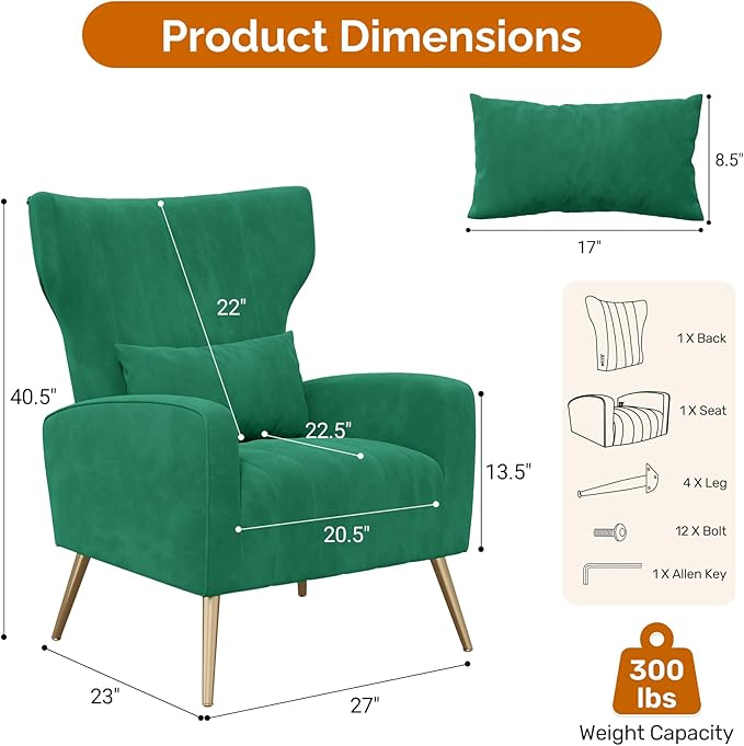 Velvet Accent Chair Wingback for Living Room High Back Arm Chair with Golden Legs Lumbar Pillow Upholstered Single Sofa Bedroom Green