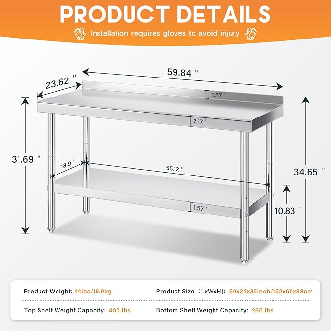 Jocisland 24 x 60 Stainless Steel Table for Prep &amp Work NSF Certified with Backsplash Adjustable Under Shelf &amp Safe Design for Restaurant Home and Outdoor
