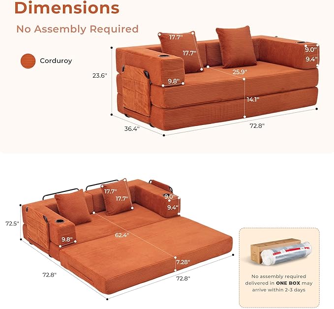 WELAX 72.8 Convertible Sleeper Sofa Bed Boneless Cloud Queen Futon Couches with Cupholders &amp Storage Pockets Corduroy Folding Floor Couch for Bedroom Apartment No Assembly Orange