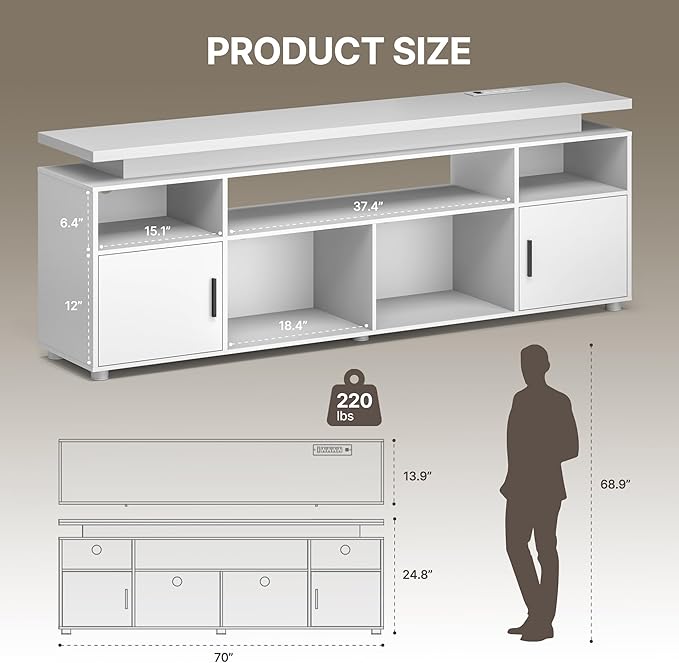 SUNCOZE TV Stand Entertainment Center with LED Lights and Cabinet for 70/75/80 Inch Modern TV Console Gaming Media Television Stands with Power Outlets for PS5 in Living Room and Bedroom White