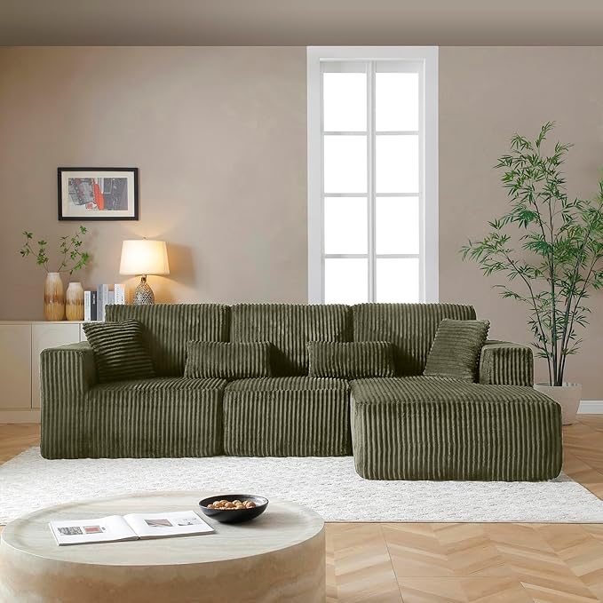 110 Cloud Couch Sectional L Shaped Boneless Couch Sectional Couches for Living Room Modern Comfy Corduroy Fluffy Modular Sofa with Deep Seat No Assembly (Green Right Facing Chaise)