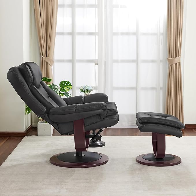 MCombo Oversized Swivel Recliner Chair with Ottoman Adjustable Backrest 360° Wood Base High Seat Faux Leather Lounge Chair for Tall Users in Living Room Bedroom or Office 4651 (Dark Grey)