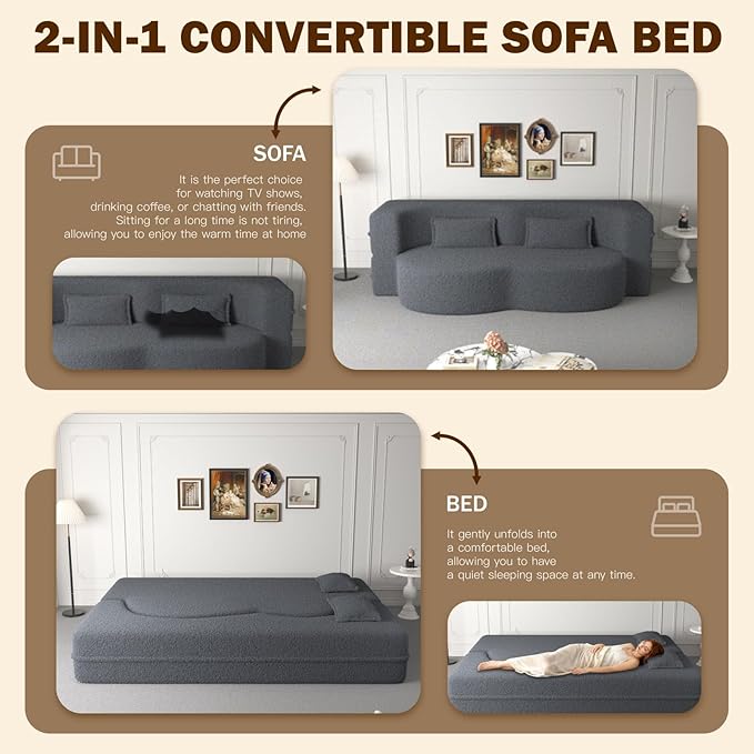 Newfun 78 Convertible Sofa Bed 2 in 1 Folding Couch Bed Futon Sofa Bed with Two Pillows Loveseat Sofa for Living Room Bedroom Lounge Compressed Modern Sofa No Assembly Required (Grey)