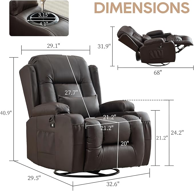 IPKIG Rocking Recliner Chair Upholstered Manual Recliner Chair 360° Swivel Glider Rocker Chair with LED Light USB Port Side Pocket Cup Holders Lumbar Pillow for Living Room Home Theater (Brown)