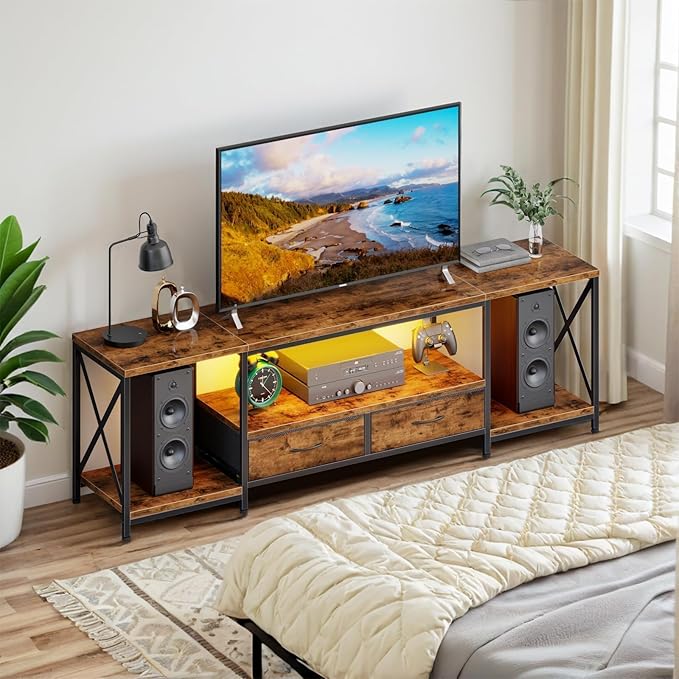 LED TV Stand with 2 Fabric Drawers for 65 60 55 Inch TV Entertainment Center TV Stands for Living Room Bedroom TV Media Console Table with Storage Shelves 55 Rustic Brown