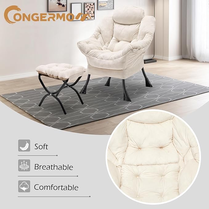 Lazy Chair with Folding OttomanLeisure Sofa ChairSoft Fabric Armchair with Armrests and Side Pockets Reading Chair with Footrest for Living Room Bedroom Office (Plush Beige)