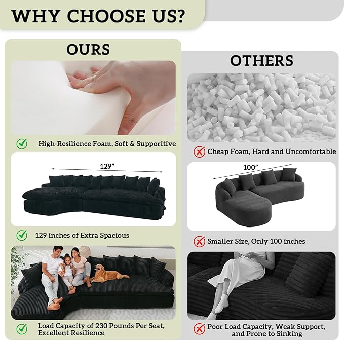 129 Oversized L-Shaped Sectional Couch Corduroy Upholstery Boneless Couch with 10 Pillows Modern Cloud Sofa Black Couches for Living Room Soft Deep Seat Sponge Sofa No Assembly
