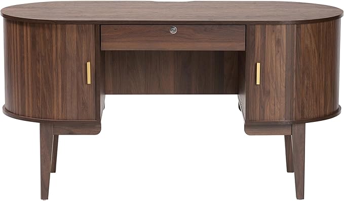 Baxton Studio Hayes Wood Writing Desk - Mid-Century Modern Oval Desk with Locking Drawer and Sliding Tambour Doors for Office or Home