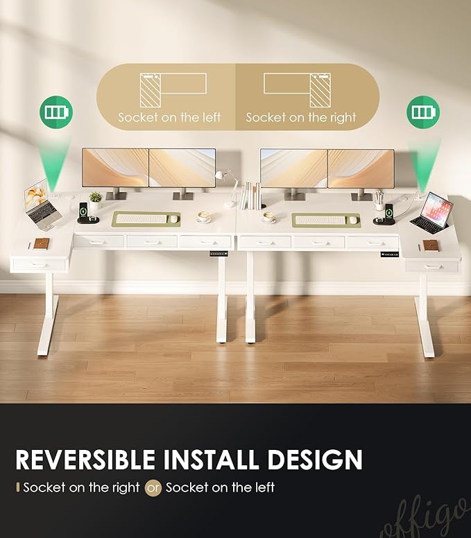 OffiGo 63 Inch L Shaped Electric Standing Desk with Drawers Height Adjustable Large Desk with Power Outlets Sit Stand Table Writing Computer Desk for Home Office WorkstationWhite