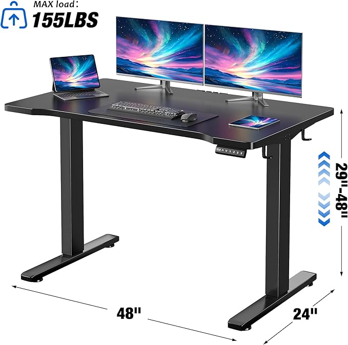 EnHomee Electric Standing Desk with LED Lights48 x 24 Inch Height Office Desk with 3 Memory Preset Adjustable Computer Desk with Storage Side Pocket and Cable ManagementBlack