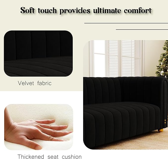 81 Black Velvet Couch for Living Room Large Modern Sofa Comfy Tufted Sofas Chesterfield Couches with Round Handrails and Metal Ball Legs Office Apartment Furniture
