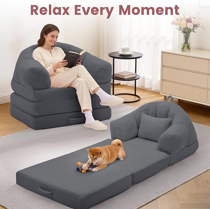 Folding Sofa Bed Convertible Sleeper Chair with Armrest Floor Futon Couch with Pillow Sleeper Single Chair for Adults Couches for Living Room Small Couches for Small SpacesGrey
