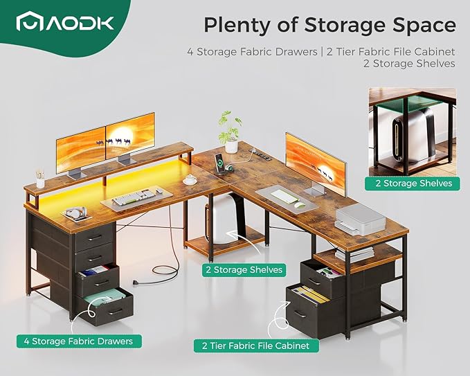 AODK 66 L Shaped Computer Desk 113“ Reversible Home Office Desk with File Cabinet &amp 4 Fabric Drawers Two Person Desk with LED Lights &amp Power Outlet Corner Gaming Desk with Monitor Shelf V
