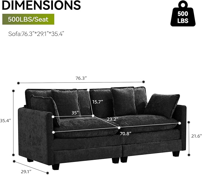 2-Seater Cloud Couch Oversized Comfy Modular Sectional Sofa with Deep Seat Cushions Chenille Loveseat for Living Room Apartment &amp Small Spaces Dark Grey